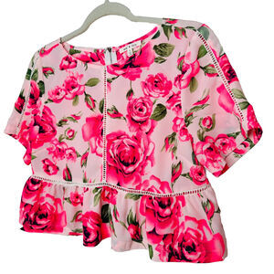 May & July Hot Pink and Green Floral Rose Short Sleeve Peplum Crop Blouse S